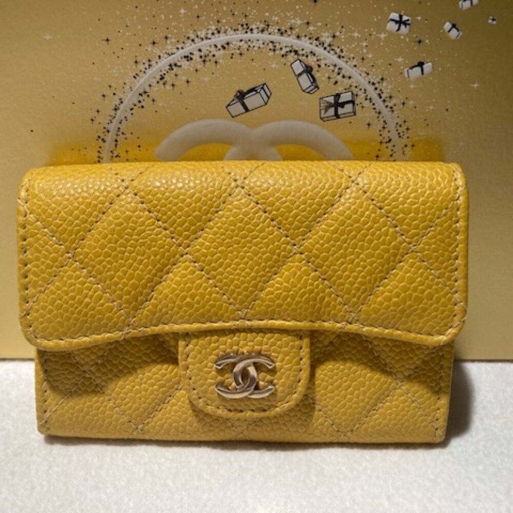 Authentic Chanel Yellow Quilted Caviar Flap Snap O-Card Holder